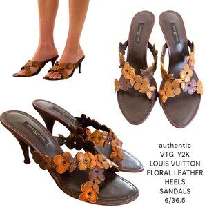 VINTAGE y2k Louis Vuitton Brown Flower Leather Strappy Sandals‎ Heels US 6
